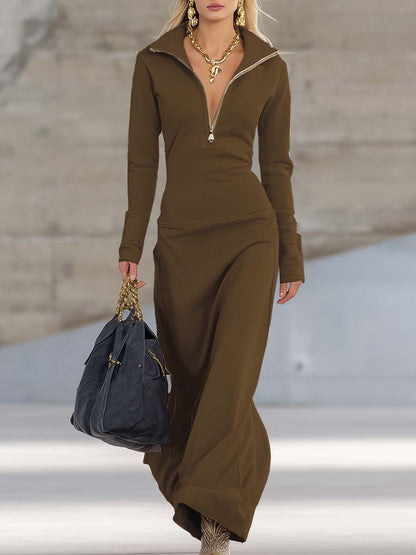 Figurschmeichelndes Zip-Collar Maxikleid für Damen | Elegantes Langkleid mit Reißverschlusskragen