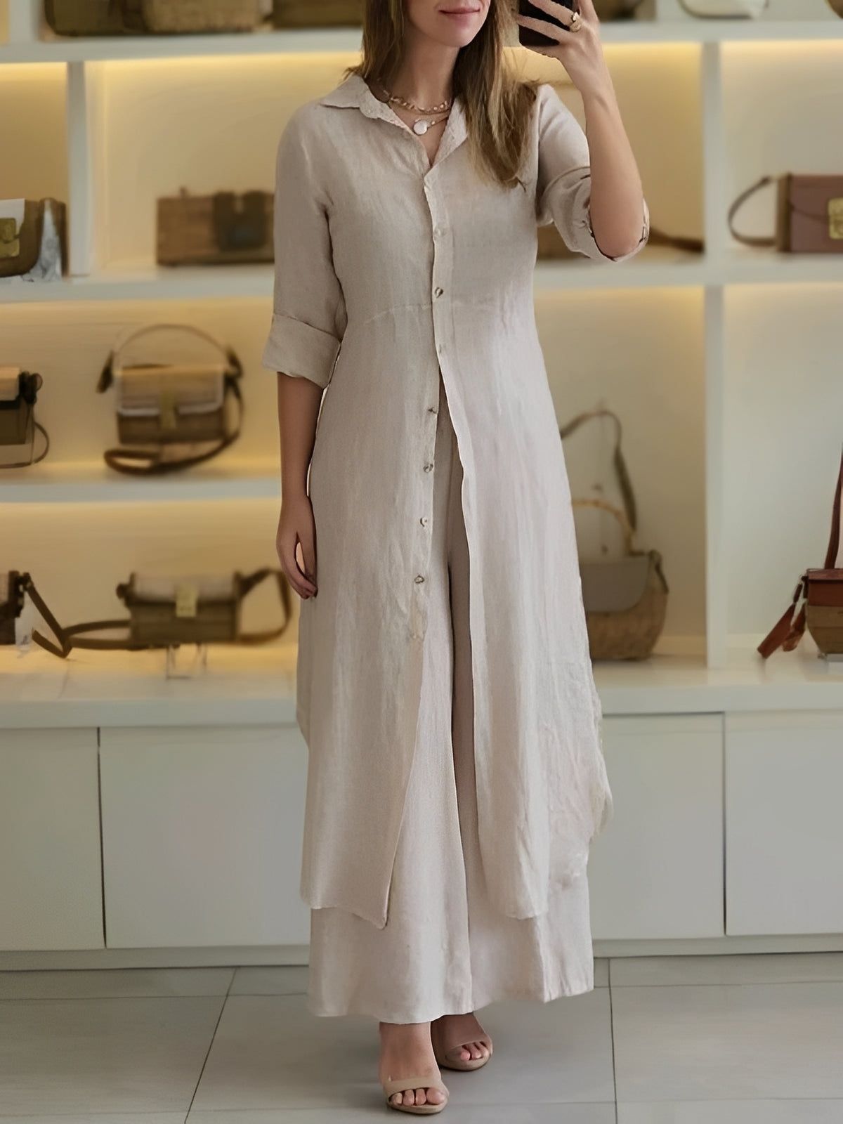 Damen Zweiteiliges Set mit langem Hemd und Hose – Leichtes Freizeitset für Alltag, Urlaub und entspannte Outfits