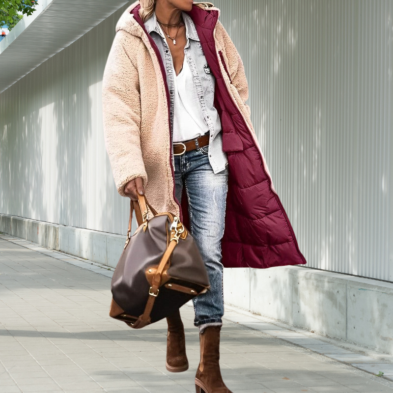 Delmaria – Damen Winterjacke lang gefüttert mit Kapuze & Taschen | Warmer Wintermantel elegant gepolstert