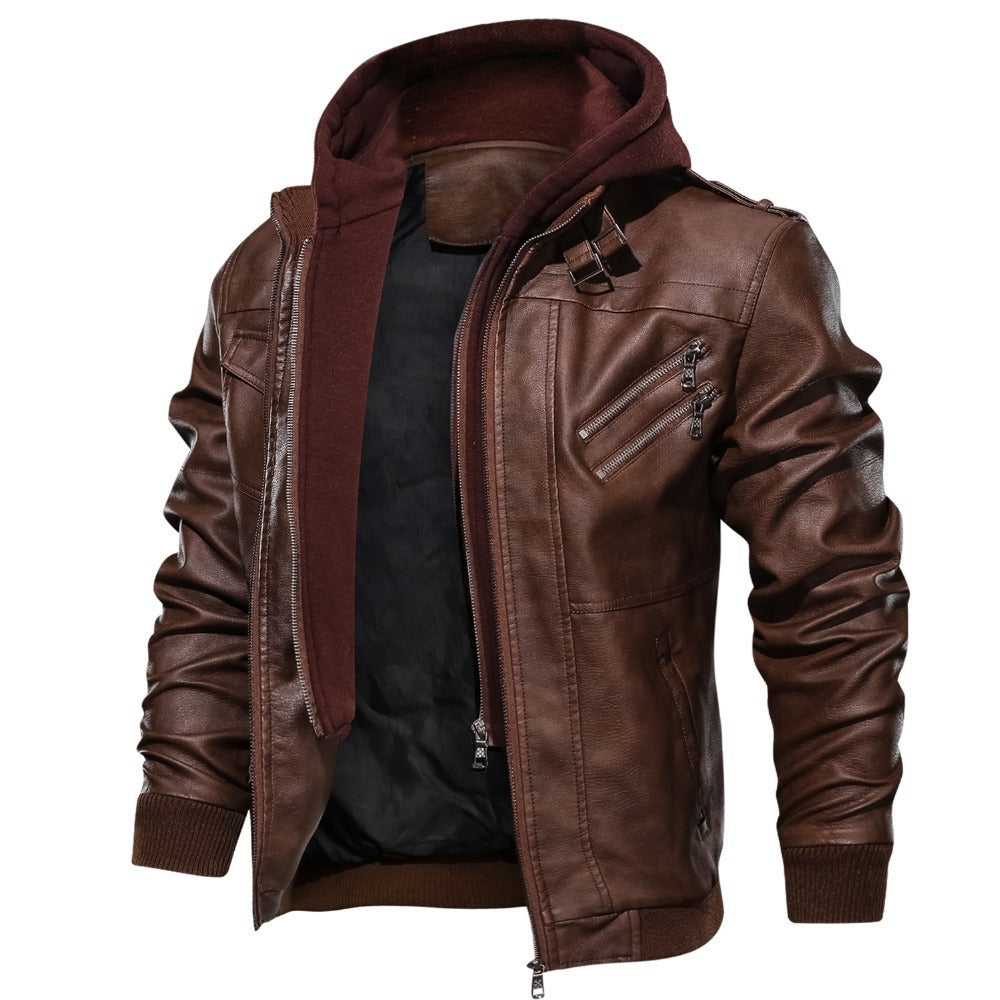 Herren Jacke | Stylische Jacke aus synthetischem Leder mit abnehmbarer Kapuze und Taschen