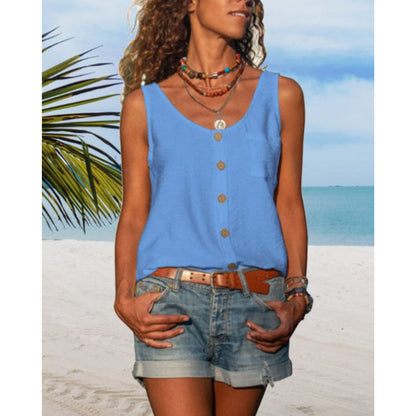 Denima | Sommerliche Damen-Leinenbluse ohne Ärmel mit V-Ausschnitt & Knopfdetail – Leicht, Locker & Atmungsaktiv