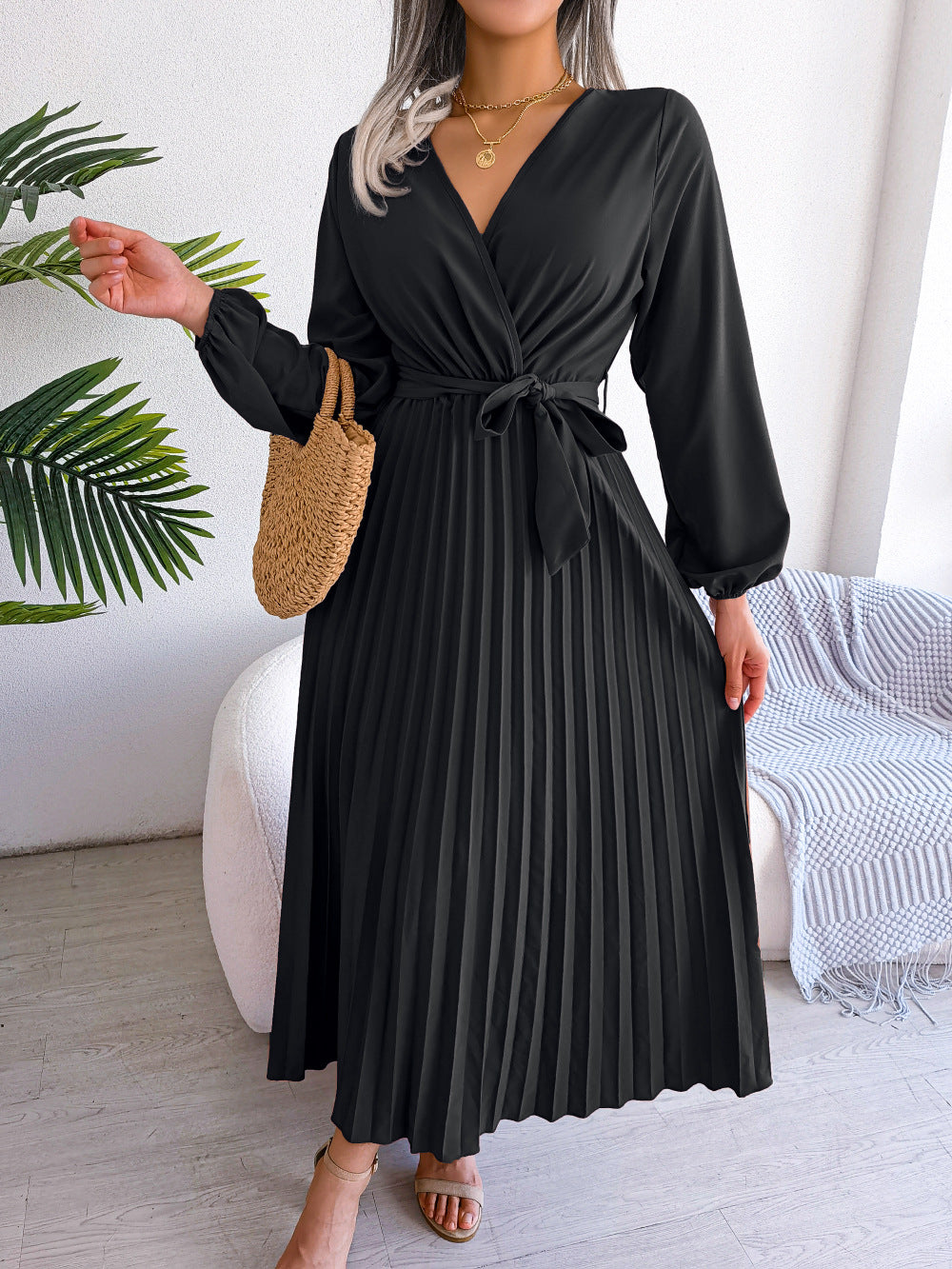 Damen Maxikleid – Elegantes Kleid mit Falten & Taillengürtel