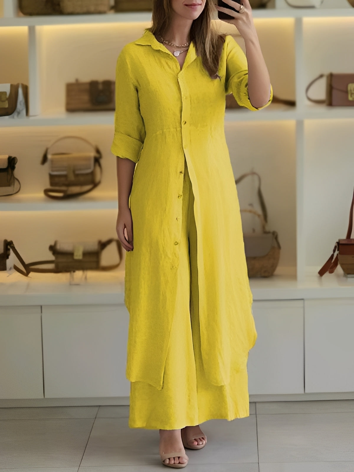 Damen Zweiteiliges Set mit langem Hemd und Hose – Leichtes Freizeitset für Alltag, Urlaub und entspannte Outfits