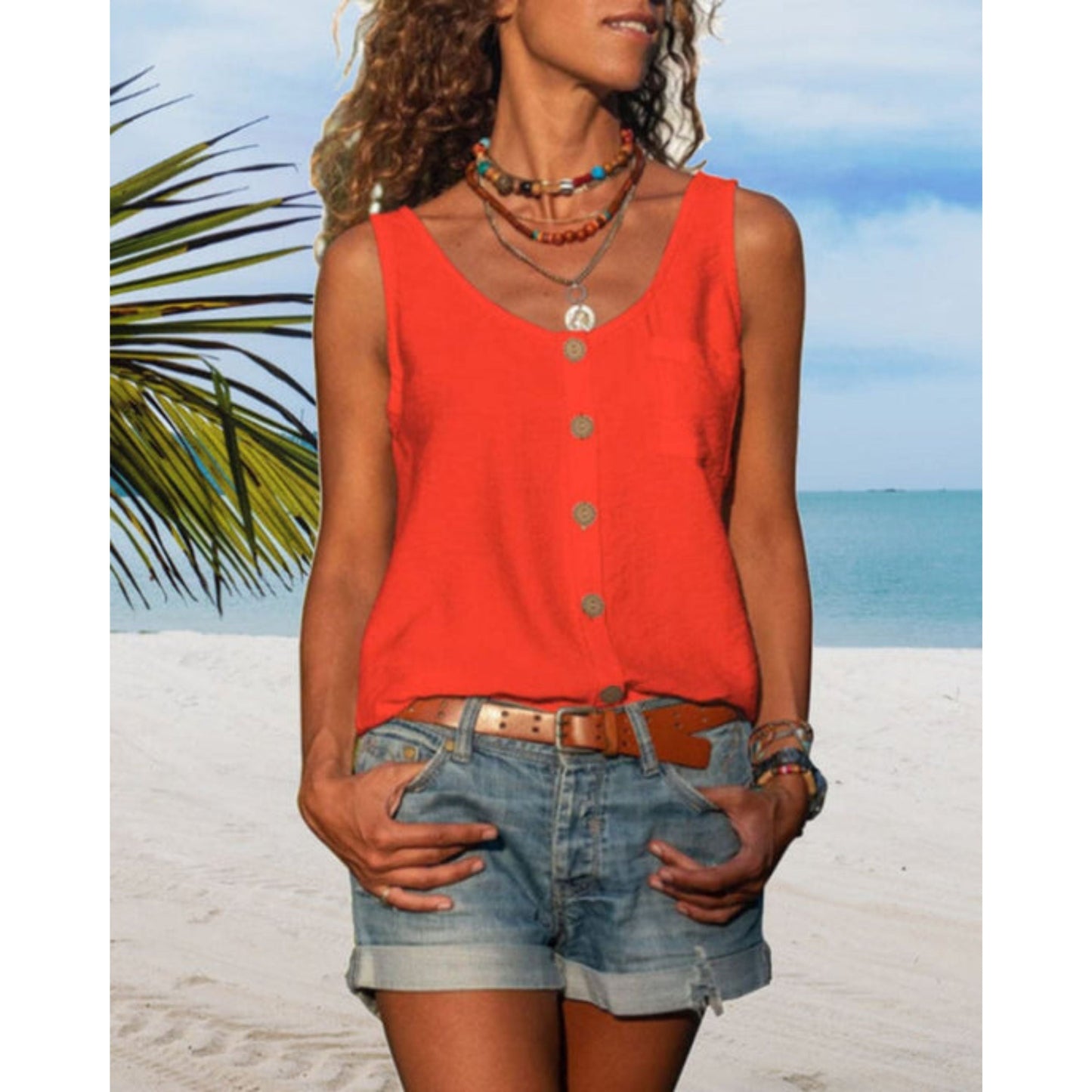 Denima | Sommerliche Damen-Leinenbluse ohne Ärmel mit V-Ausschnitt & Knopfdetail – Leicht, Locker & Atmungsaktiv