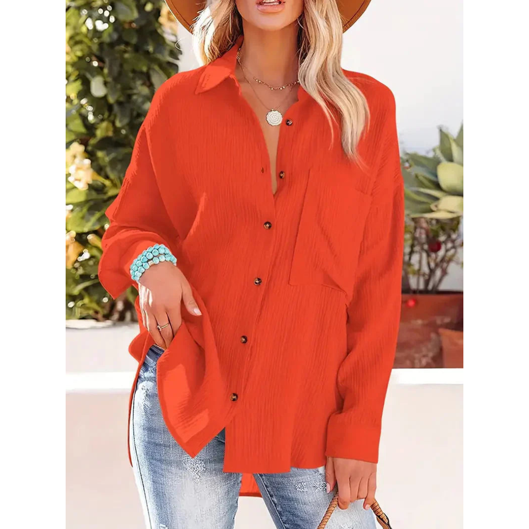 Alifair | Damen Bluse in Unifarbe mit Knopfleiste & Hemdkragen – Elegante Langarmbluse mit Brusttasche für Büro & Freizeit