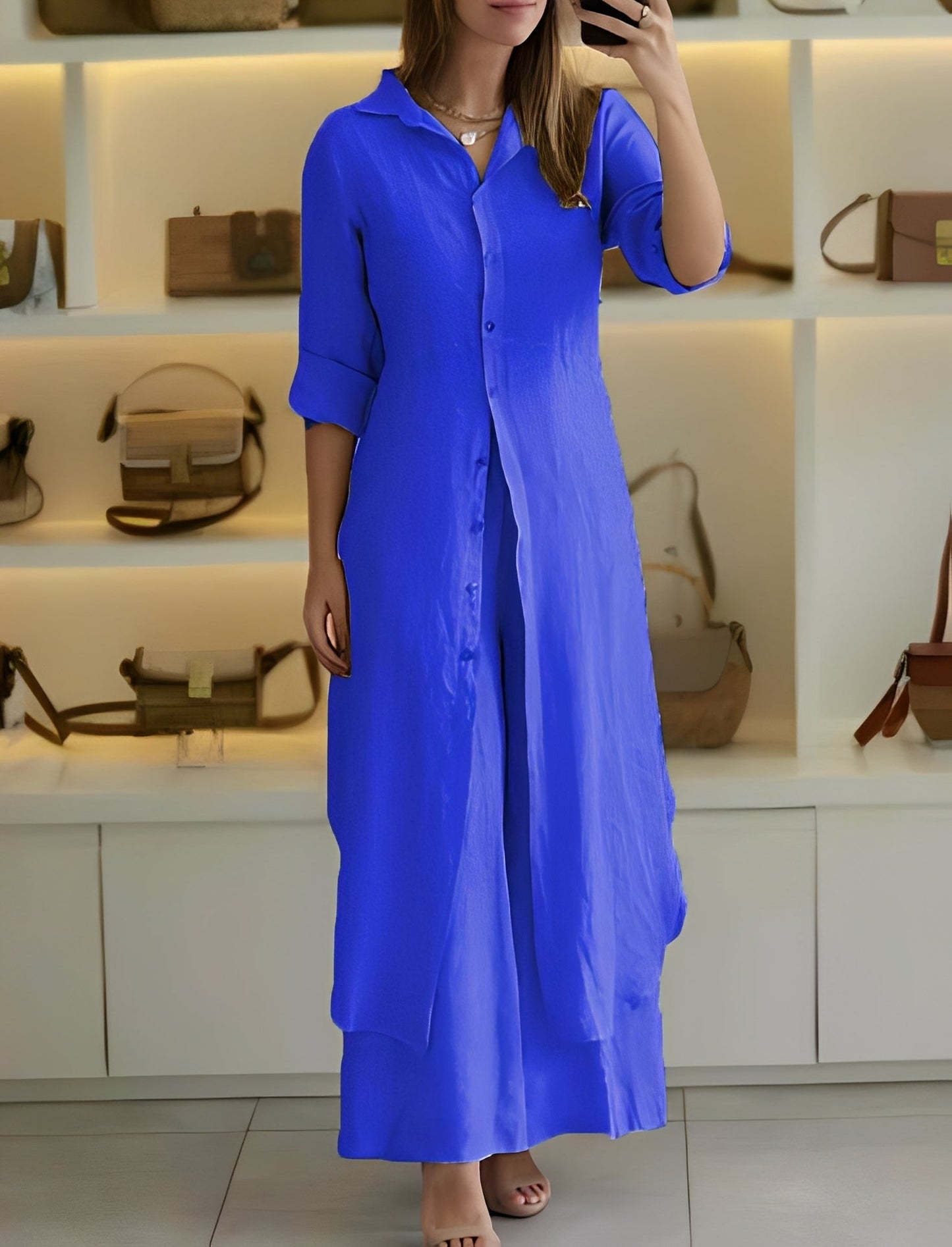 Damen Zweiteiliges Set mit langem Hemd und Hose – Leichtes Freizeitset für Alltag, Urlaub und entspannte Outfits