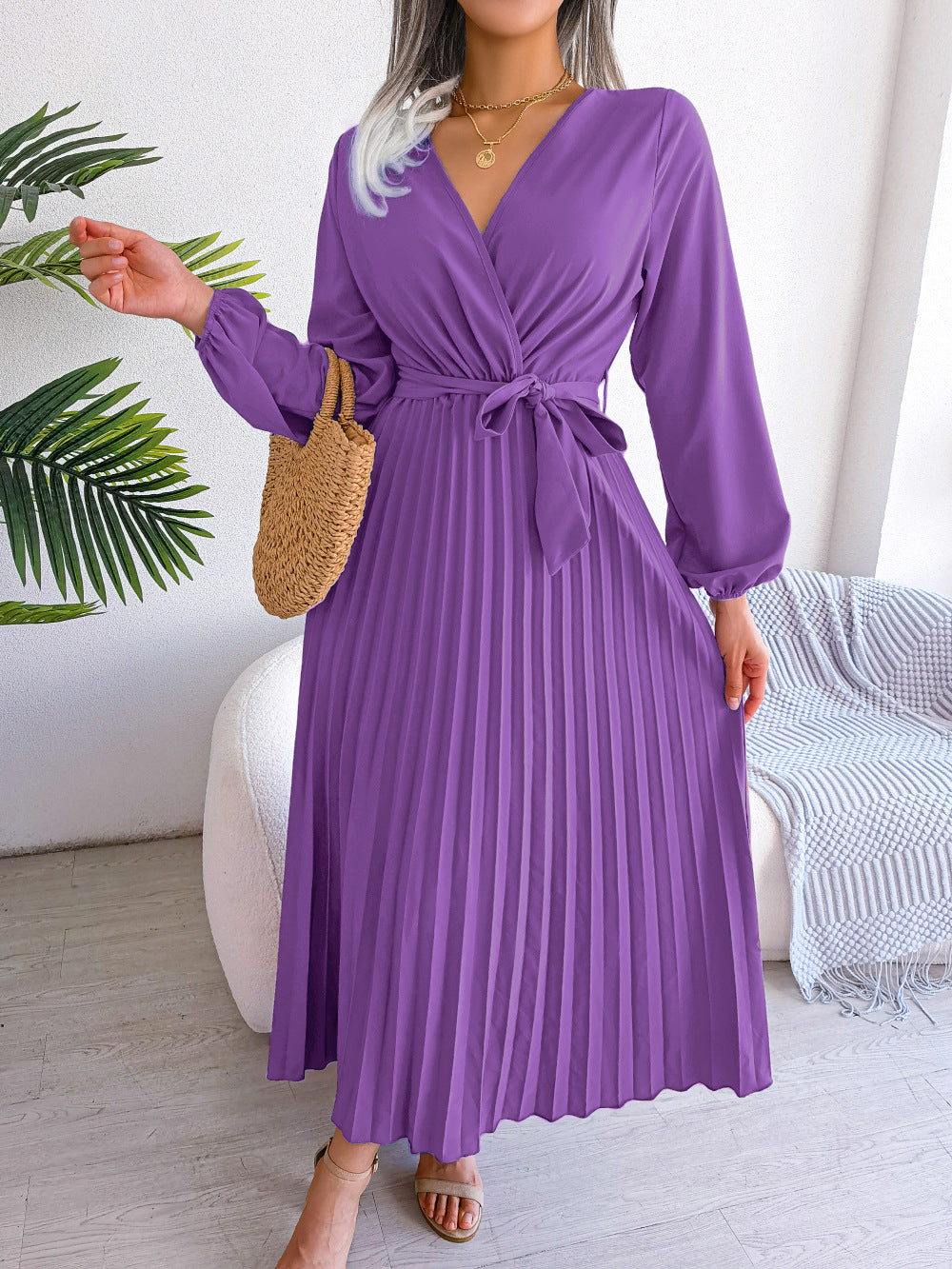 Damen Maxikleid – Elegantes Kleid mit Falten & Taillengürtel
