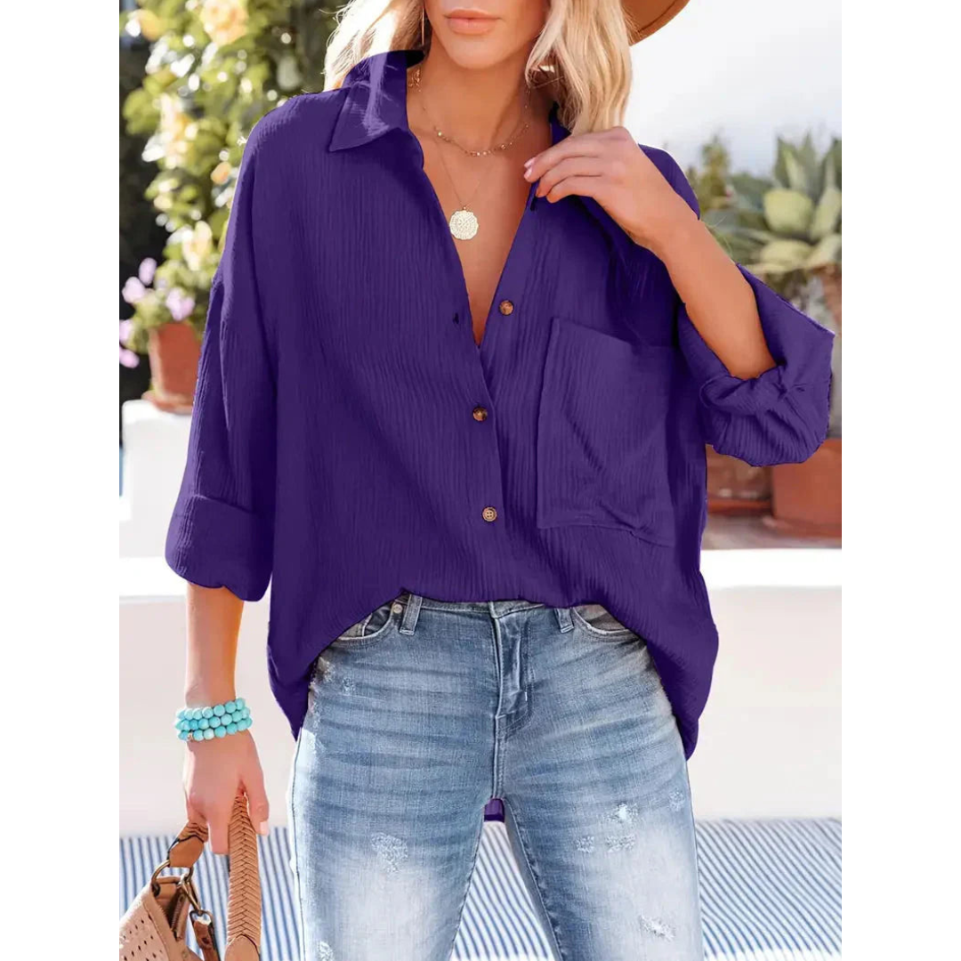 Alifair | Damen Bluse in Unifarbe mit Knopfleiste & Hemdkragen – Elegante Langarmbluse mit Brusttasche für Büro & Freizeit