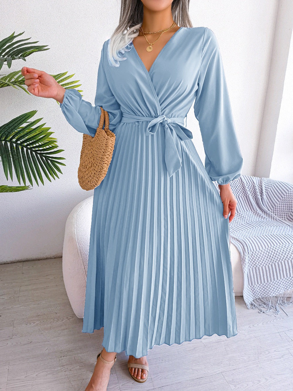 Damen Maxikleid – Elegantes Kleid mit Falten & Taillengürtel