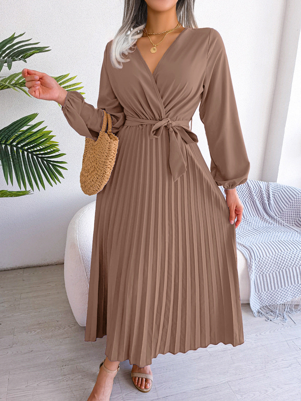 Damen Maxikleid – Elegantes Kleid mit Falten & Taillengürtel