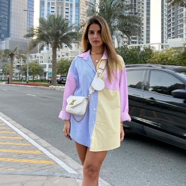 Squichie | Damen Oversize-Bluse mit Reverskragen, Knopfleiste & mehrfarbigen Streifen