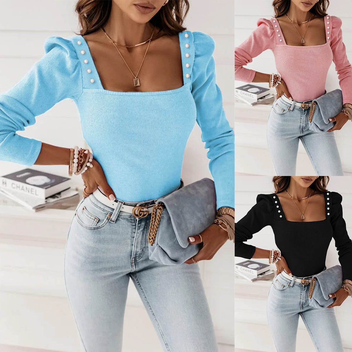 Damen Top – Elegantes Top mit eckigem Ausschnitt & Zierknöpfen