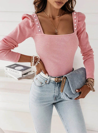 Damen Top – Elegantes Top mit eckigem Ausschnitt & Zierknöpfen
