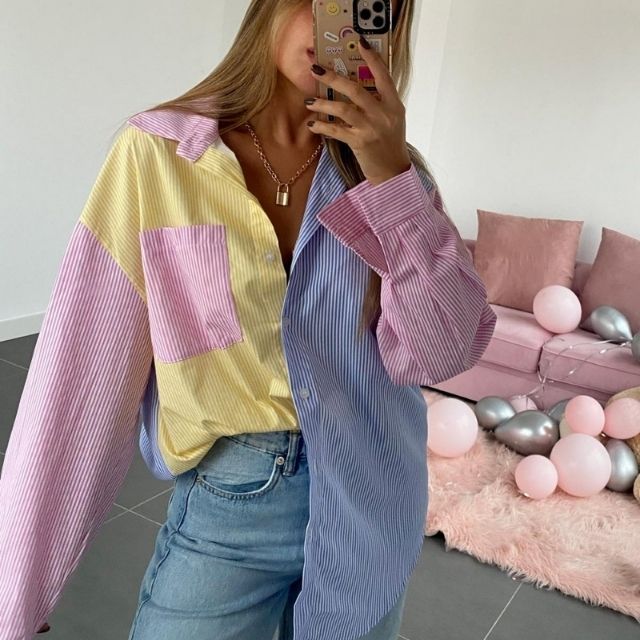 Squichie | Damen Oversize-Bluse mit Reverskragen, Knopfleiste & mehrfarbigen Streifen