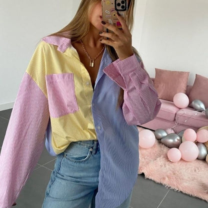 Squichie | Damen Oversize-Bluse mit Reverskragen, Knopfleiste & mehrfarbigen Streifen