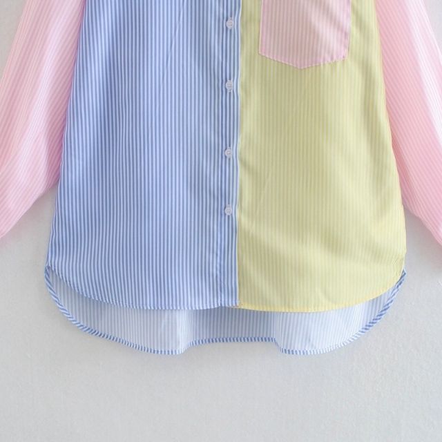 Squichie | Damen Oversize-Bluse mit Reverskragen, Knopfleiste & mehrfarbigen Streifen