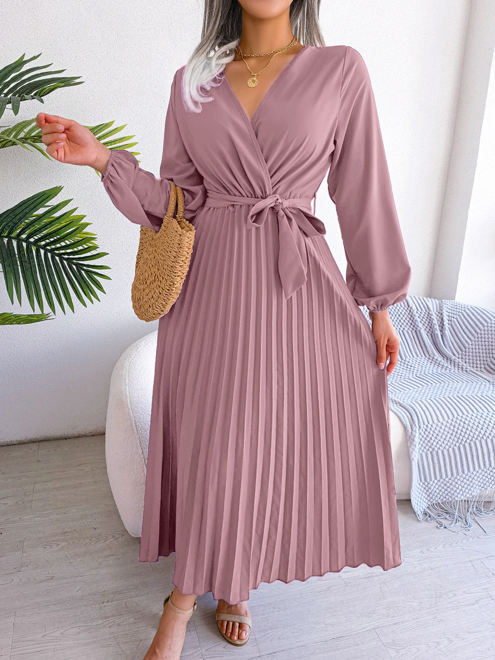 Damen Maxikleid – Elegantes Kleid mit Falten & Taillengürtel