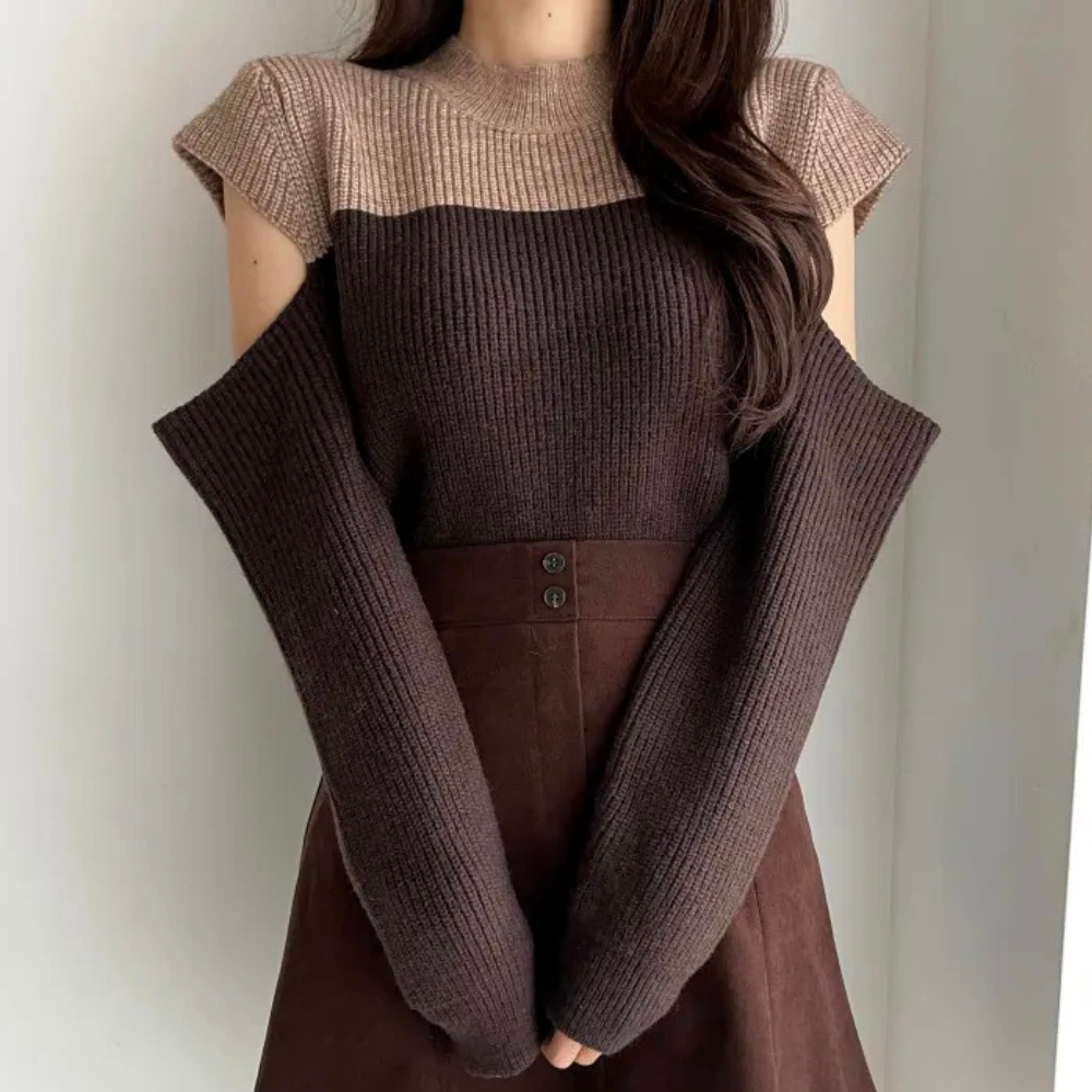 Wildrose | Damen Strickpullover mit Cut-Out Ärmeln, Zweifarb-Design & Rundhalsausschnitt