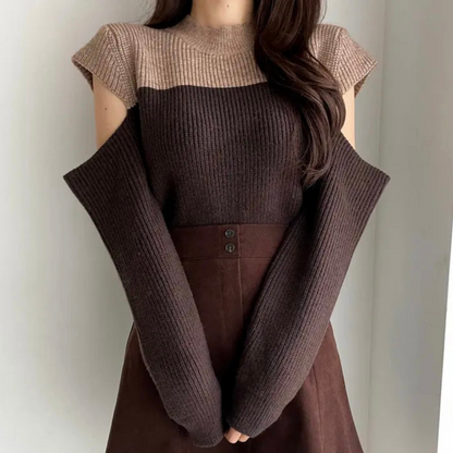 Wildrose | Damen Strickpullover mit Cut-Out Ärmeln, Zweifarb-Design & Rundhalsausschnitt