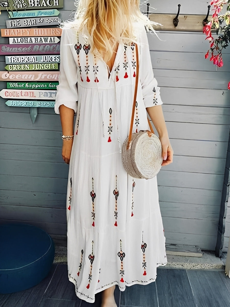 Damen Boho-Kleid mit V-Ausschnitt und Blumenmuster – Leichtes Sommerkleid für Urlaub und Freizeit