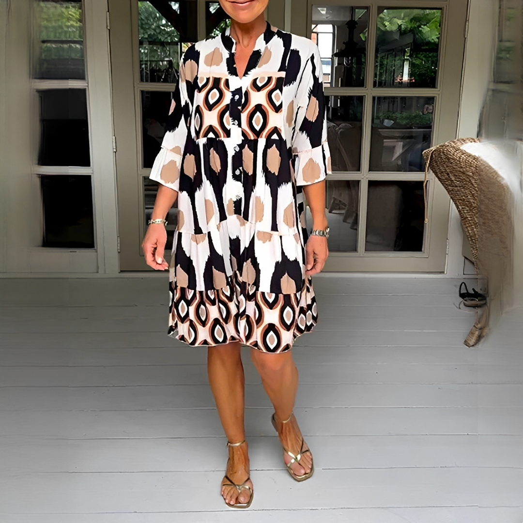 Damen Sommerkleid mit 3/4-Ärmeln – Elegantes Kleid mit Muster für Alltag, Urlaub und Events