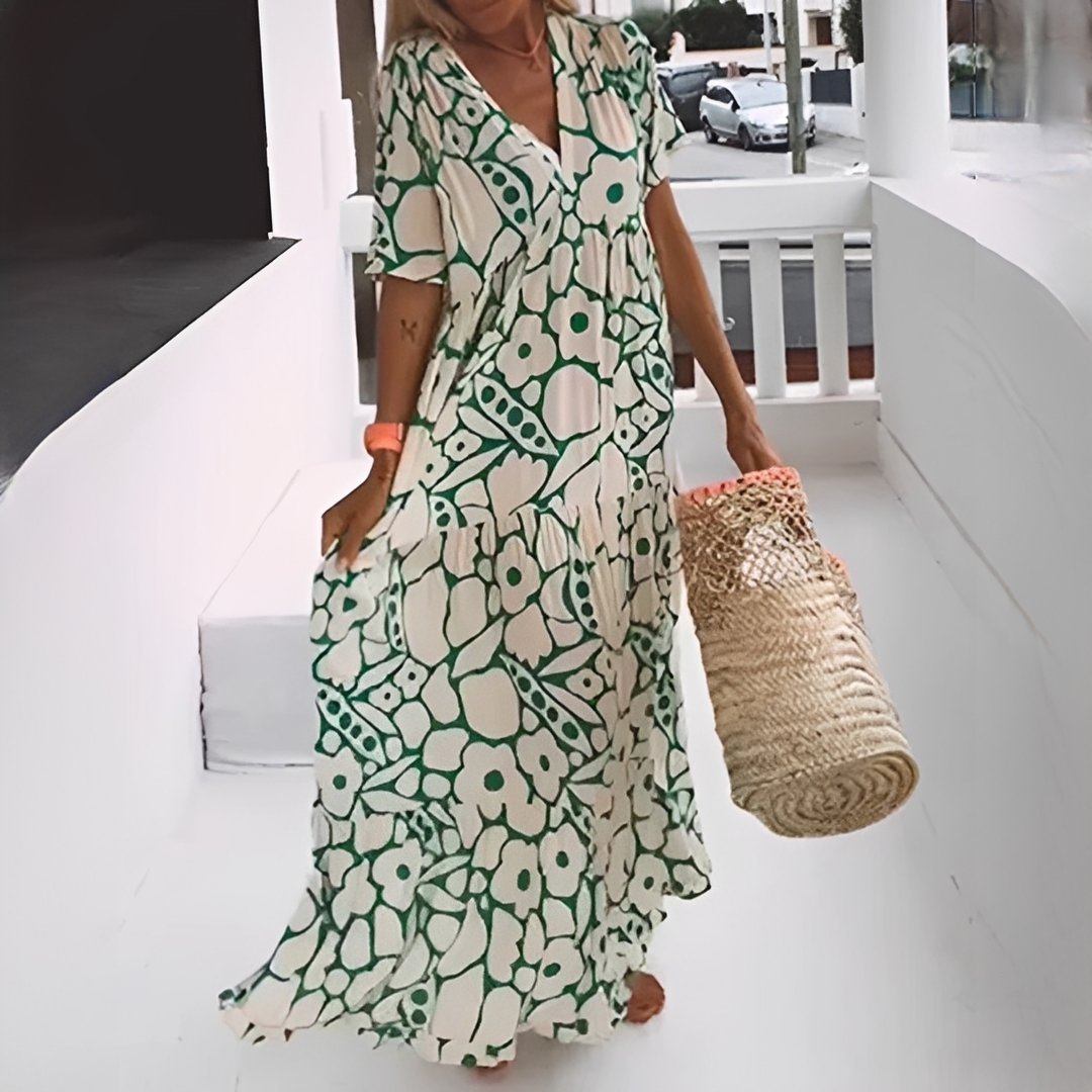 Damen Sommerkleid mit V-Ausschnitt und Allover-Muster – Leichtes Freizeitkleid für Alltag und Urlaub