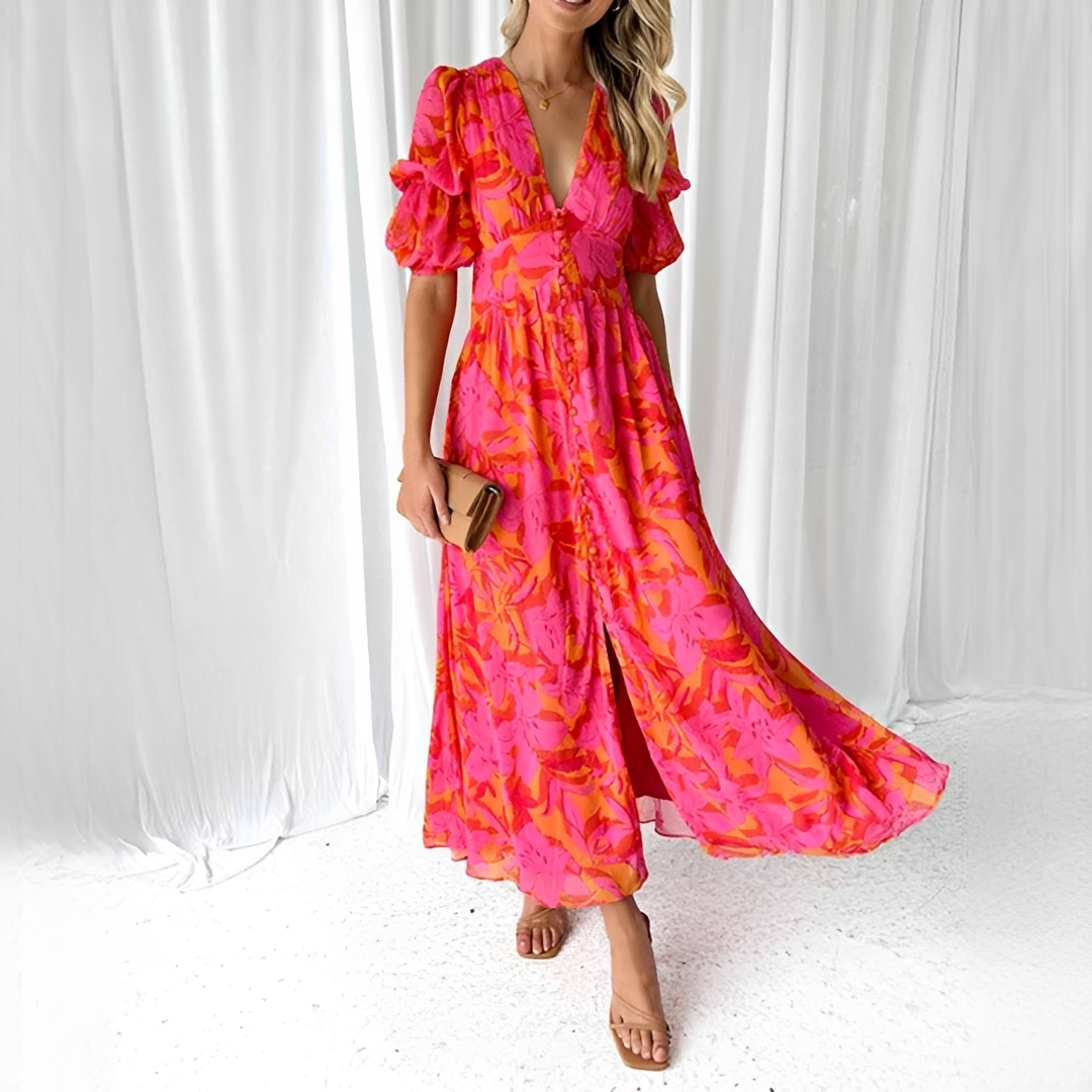 Damen Maxikleid mit V-Ausschnitt und Puffärmeln – Elegantes langes Kleid für festliche Anlässe und besondere Momente