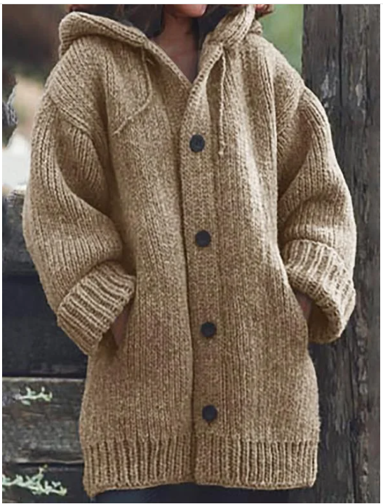 Übergroße Damen-Strickjacke mit Kapuze & Knopfverschluss | Langer Schnitt für entspannte Eleganz