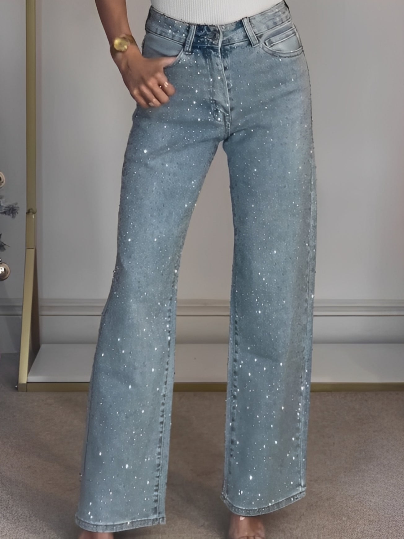 Damen High-Waist Jeans mit Glitzerdetails – Stilvolle Denimhose für Alltag und besondere Anlässe