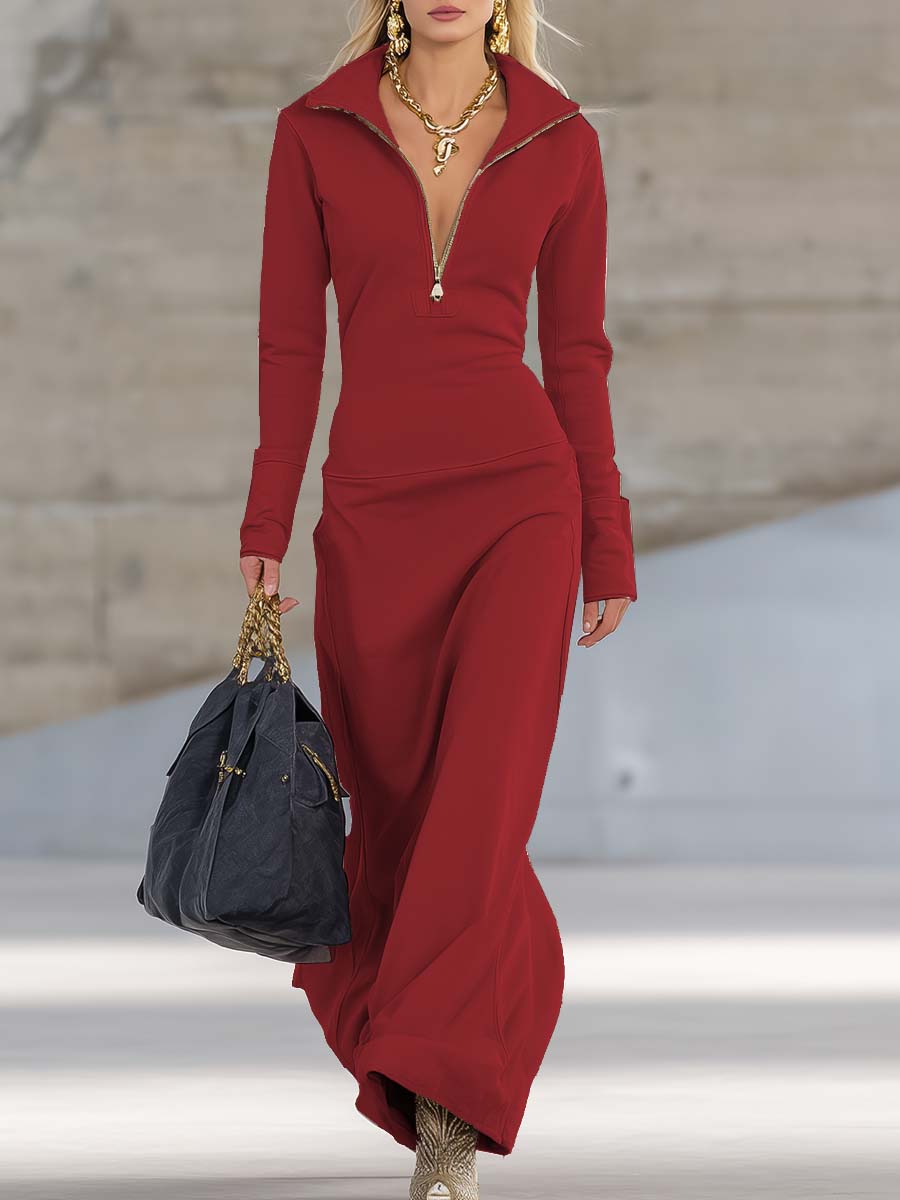 Figurschmeichelndes Zip-Collar Maxikleid für Damen | Elegantes Langkleid mit Reißverschlusskragen