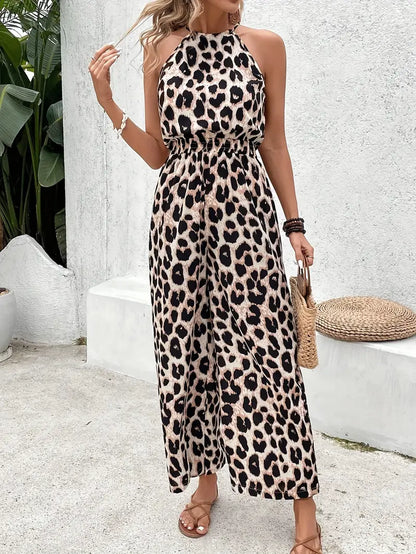 Phileine | Damen Jumpsuit mit Leopardenmuster, Halterneck & Elastischer Taille – Sommerlich, Lässig & Luftig