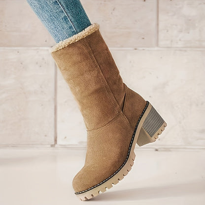 Carlisse | Damen Winterschuhe Slip-On Stiefel mit Blockabsatz & Warmfutter