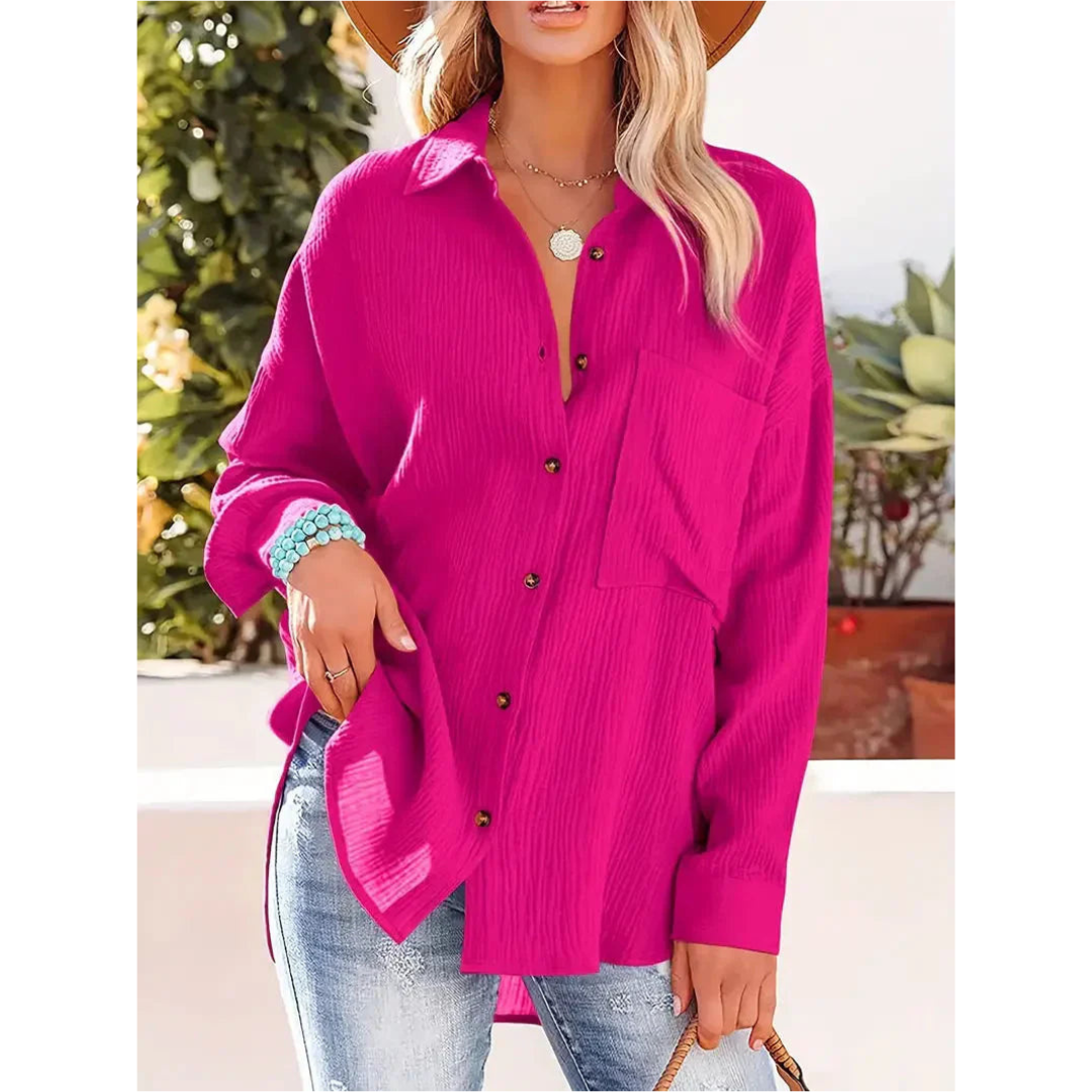 Alifair | Damen Bluse in Unifarbe mit Knopfleiste & Hemdkragen – Elegante Langarmbluse mit Brusttasche für Büro & Freizeit