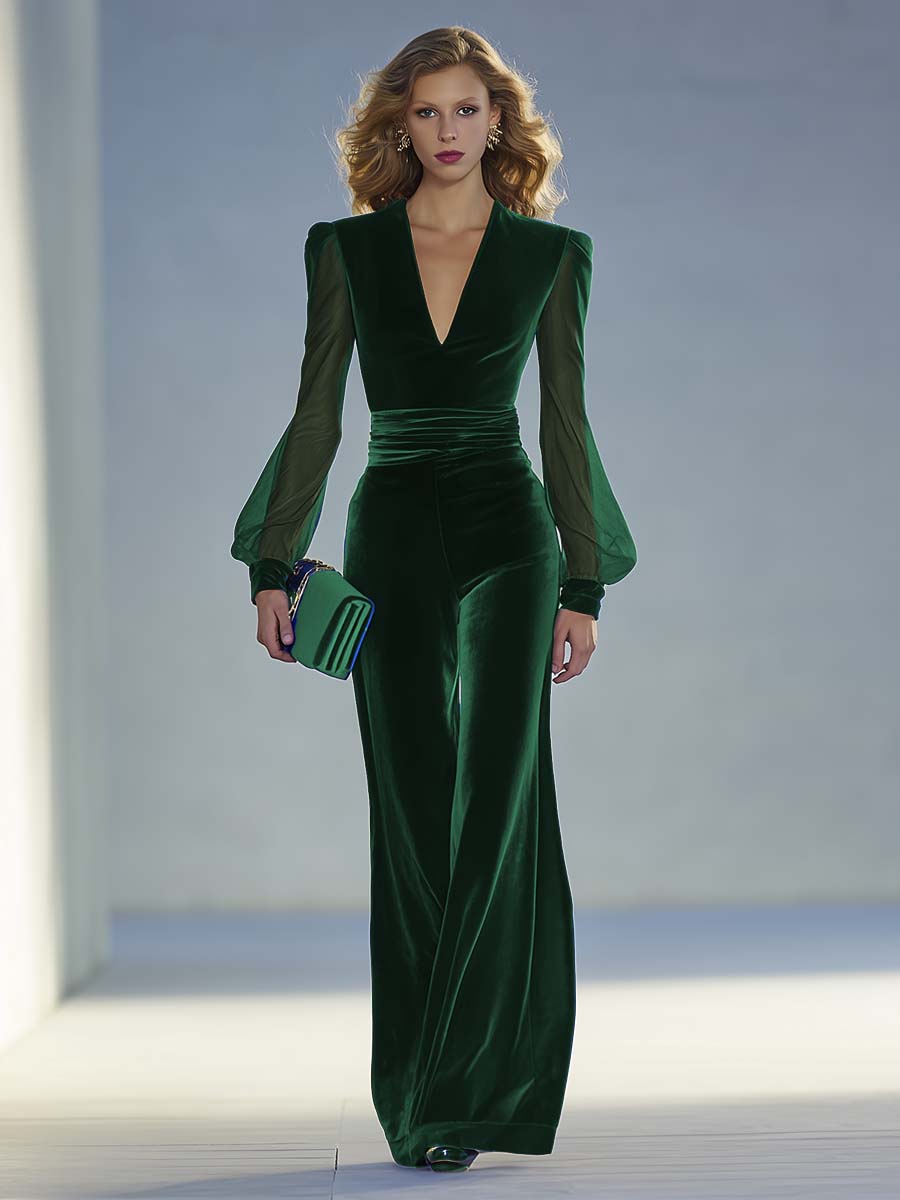 Eleganter Samt-Jumpsuit mit V-Ausschnitt – Glamourös, Komfortabel & Vielseitig