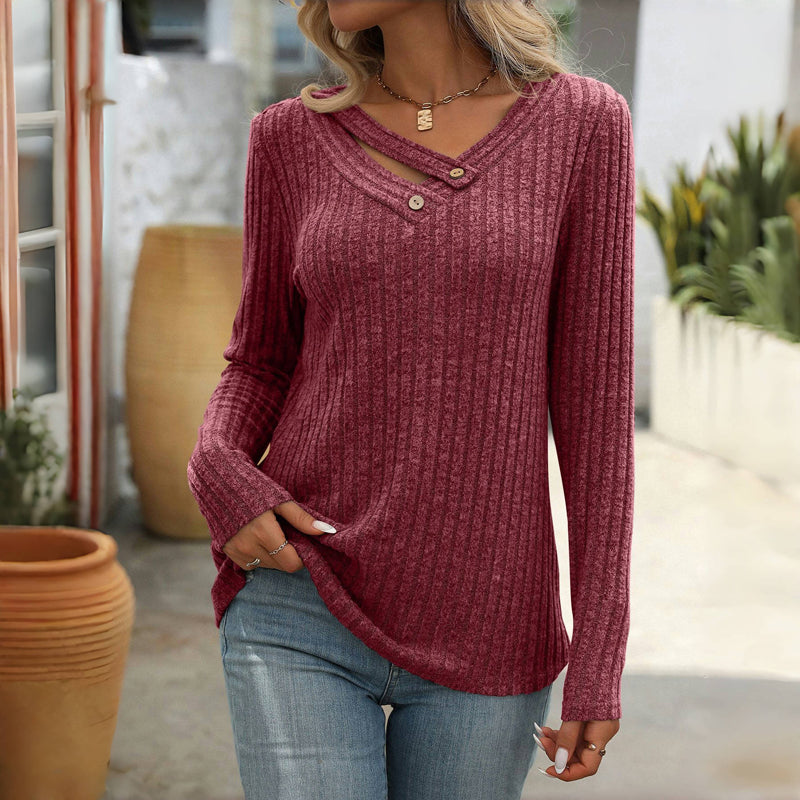 Elfrith | Damen Strickpullover mit V-Ausschnitt & Knopfleiste