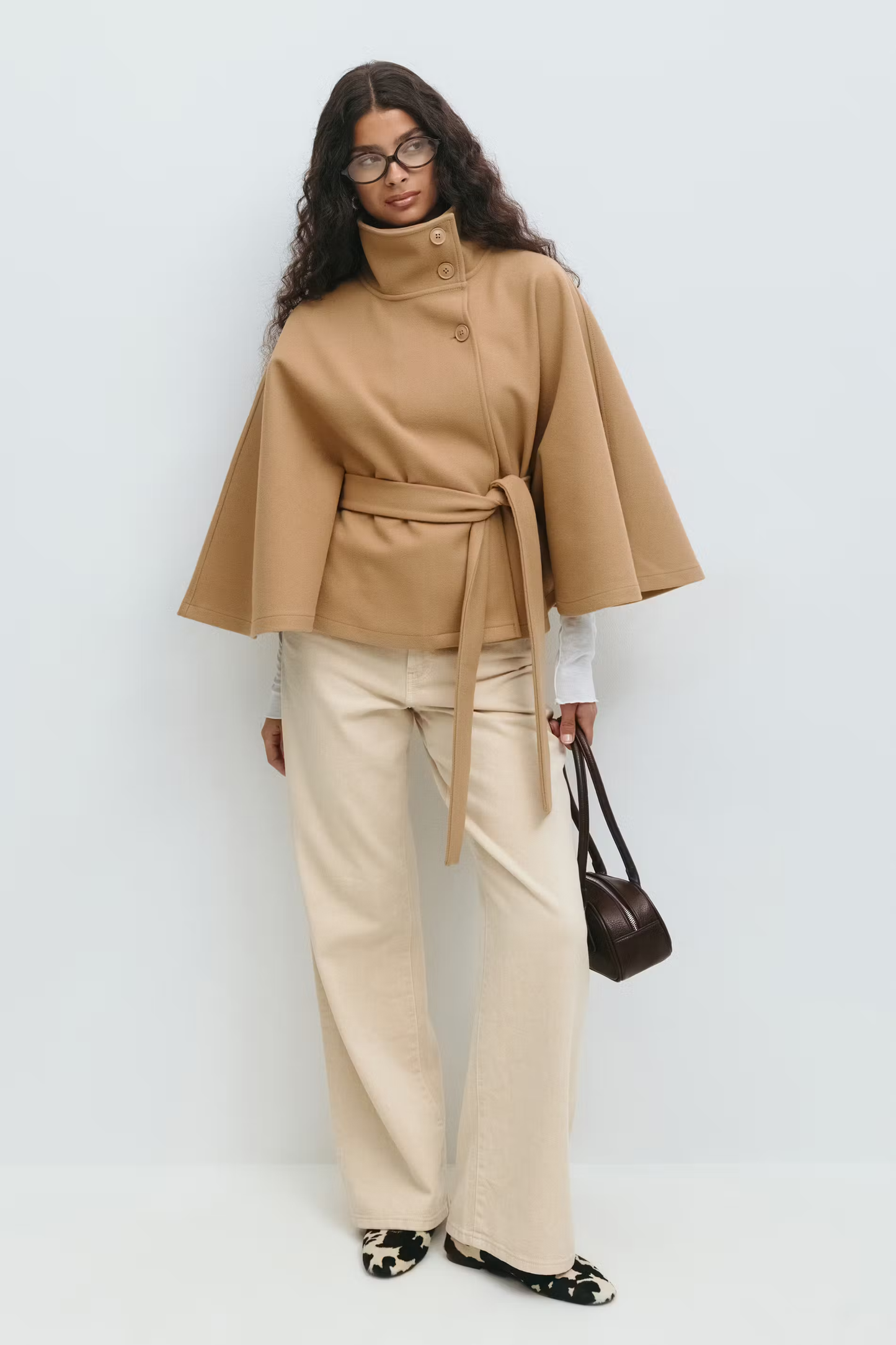 Damen Cape-Mantel mit Gürtel | Elegante Jacke mit hohem Kragen