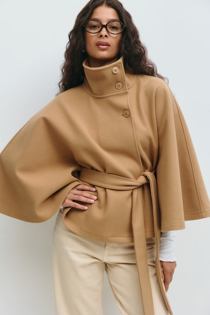 Damen Cape-Mantel mit Gürtel | Elegante Jacke mit hohem Kragen