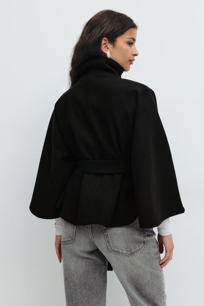 Damen Cape-Mantel mit Gürtel | Elegante Jacke mit hohem Kragen