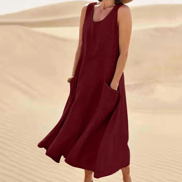 Mira | Soft Linen Maxikleid mit Taschen | Luftiges ärmelloses Sommerkleid aus Leinen für Damen