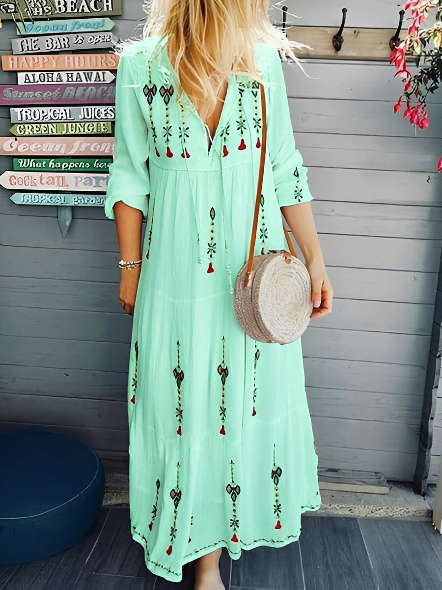 Damen Boho-Kleid mit V-Ausschnitt und Blumenmuster – Leichtes Sommerkleid für Urlaub und Freizeit