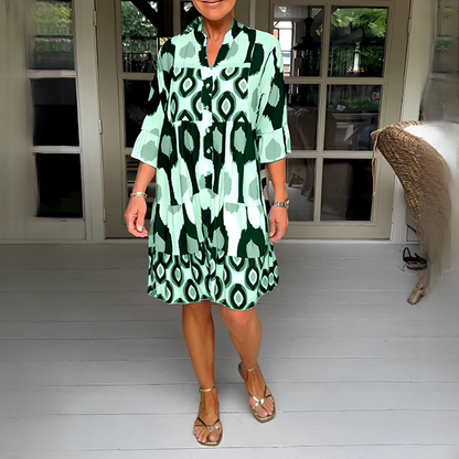 Damen Sommerkleid mit 3/4-Ärmeln – Elegantes Kleid mit Muster für Alltag, Urlaub und Events