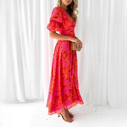 Damen Maxikleid mit V-Ausschnitt und Puffärmeln – Elegantes langes Kleid für festliche Anlässe und besondere Momente