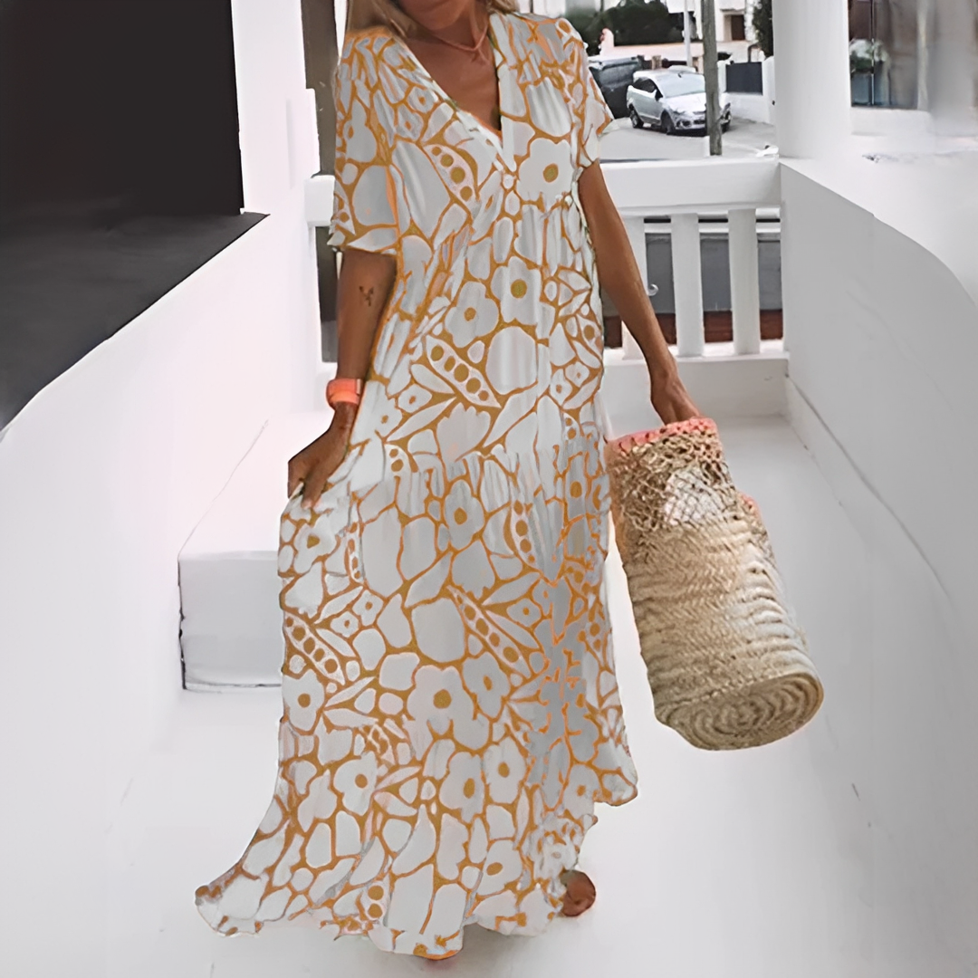 Damen Sommerkleid mit V-Ausschnitt und Allover-Muster – Leichtes Freizeitkleid für Alltag und Urlaub