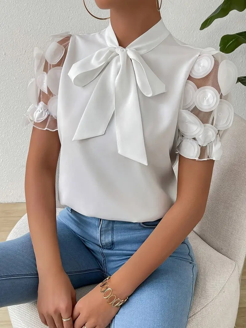 Damen Bluse – Elegante Bluse mit Schleifendetail und transparenten Ärmeln