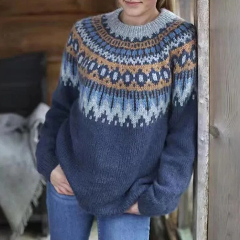 Aubryna | Damen Grobstrickpullover mit Norweger- und Tribal-Muster