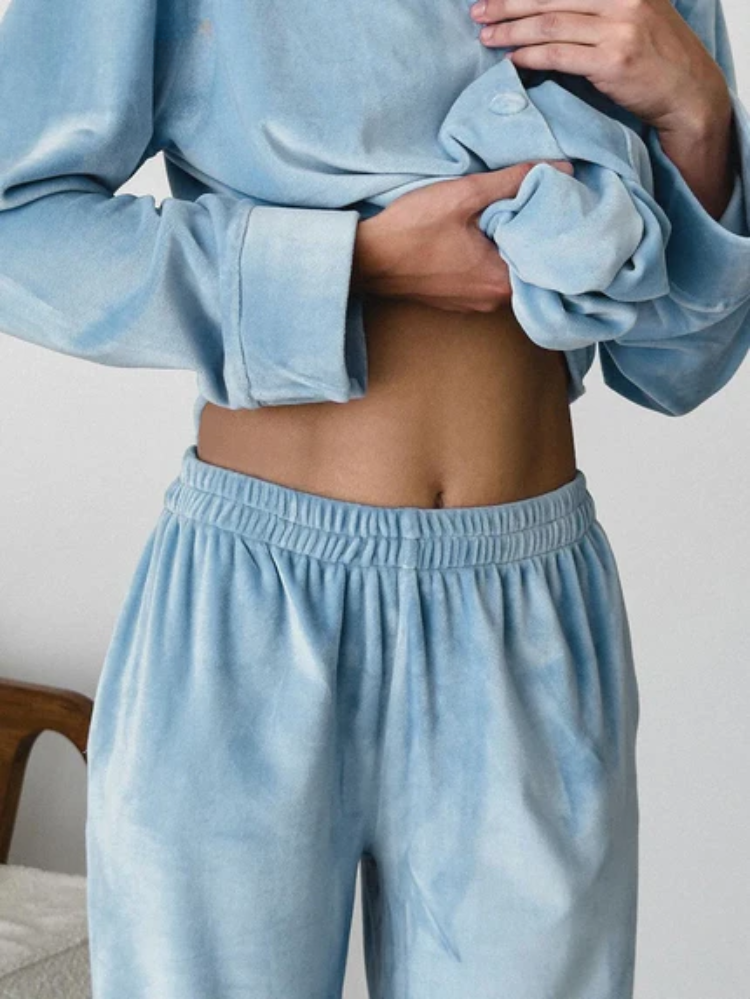 Primavera | Damen Pyjama Set Zweiteiler in Blau mit Knopfhemd & Hose