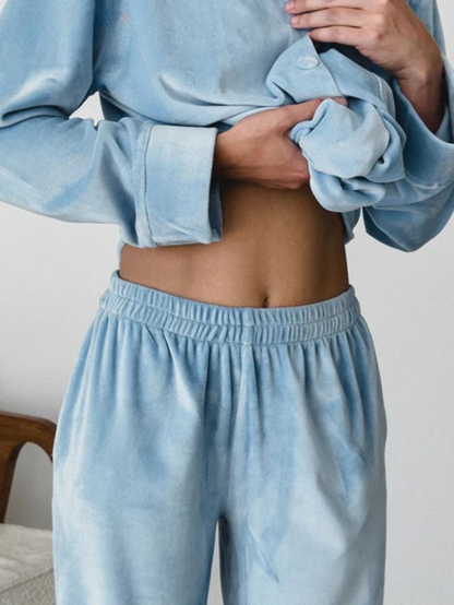 Primavera | Damen Pyjama Set Zweiteiler in Blau mit Knopfhemd & Hose