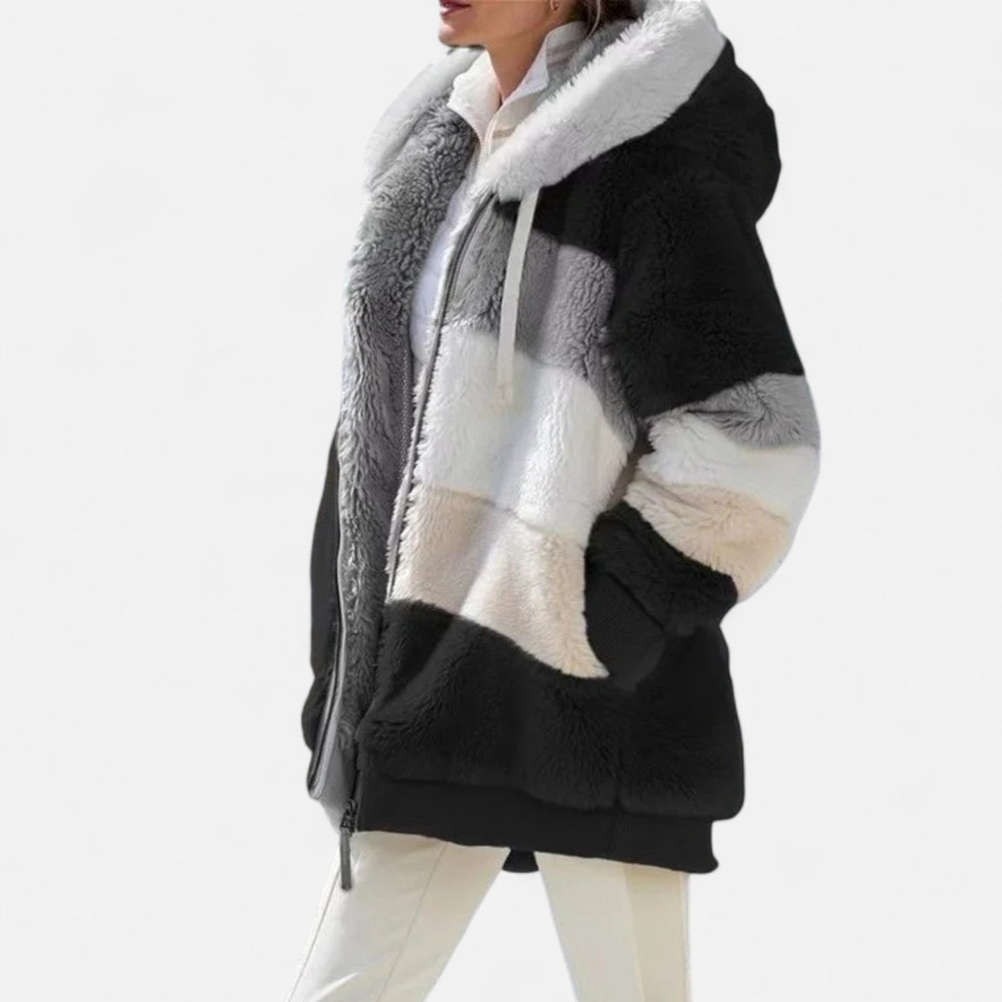 Triswina | Damen Oversized Jacke mit Kapuze – Gestreifte Herbst/Winter Eleganz