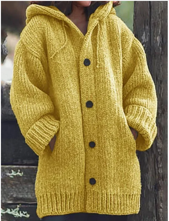 Übergroße Damen-Strickjacke mit Kapuze & Knopfverschluss | Langer Schnitt für entspannte Eleganz
