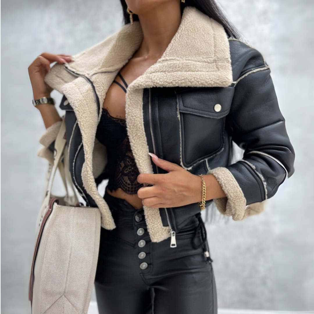 Azeline | Damen Bikerjacke Kurz mit Futter, Kurzschnitt & Reißverschluss